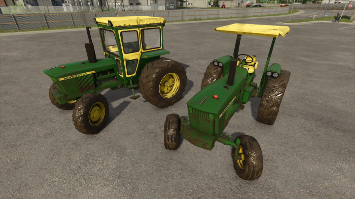 fs25-mods, Two John Deere tractors from FS25 mods in Farming Simulator 25, one larger with a cabin and one smaller without; muddy tires on a gravel surface.