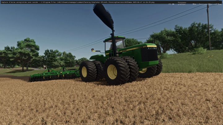 fs25-mods,  Farming Simulator 25 mod: John Deere 8850 tractor working on a farm field with a green cultivator attached, realistic farm scene.