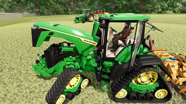fs25-mods, Farming Simulator 25 mod featuring a detailed John Deere 8R Pack v1.0.0.1 tractor with tracked wheels on a farm field.