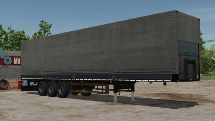 fs25-mods, KÖGEL Trailer pack 3 v1.0.0.0 from Farming Simulator 25 mods, featuring a large gray trailer with a reinforced rear door, in a game environment.