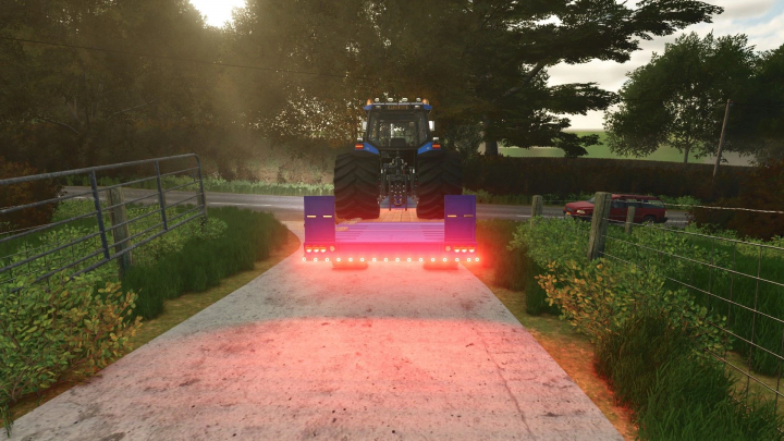 fs25-mods,  Farming Simulator 25 mod showcase: a tractor with rear lights on a farm path, featuring the Kane LBT 24T v1.0.0.0 mod.