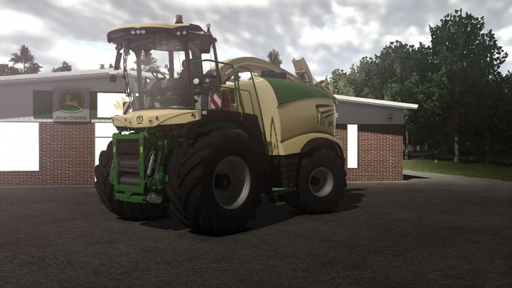 fs25-mods, Farming Simulator 25 mod featuring the Krone Big X 780, a powerful harvesting machine in Farming Simulator 25 game, parked outside a farm building.