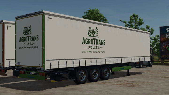 fs25-mods, Farming Simulator 25 mod: white AgroTrans Polska trailer with logo, used for safe and efficient transport on the farm.