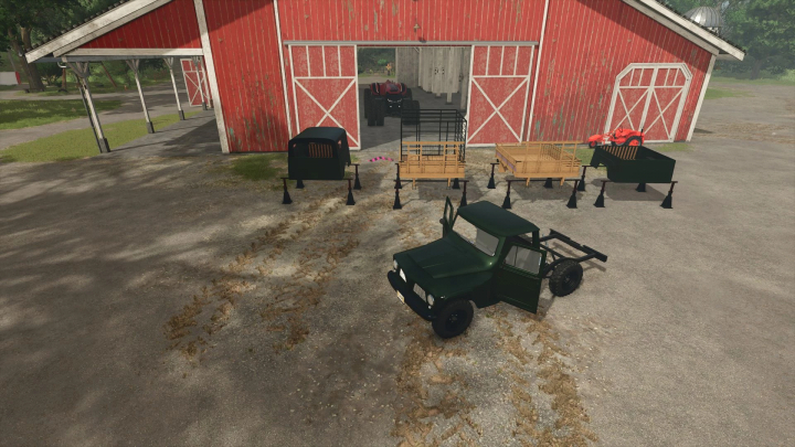 fs25-mods,  Farming Simulator 25 mod showcase with Lizard Rural F75 v1.0.0.2 tractors and equipment outside a red barn.