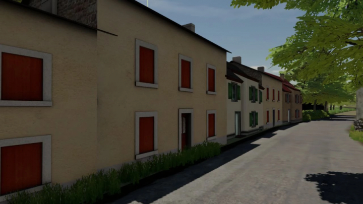 fs22-mods, In-game view of a row of farmhouses in Farming Simulator 22, showcasing buildings in a rural environment with trees and a dirt road. FS22 mods.