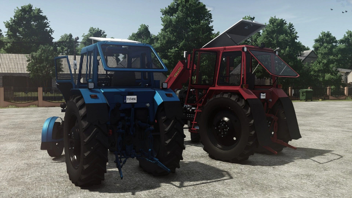 fs25-mods,  Two tractors from Farming Simulator 25 with mods, including the MTZ 80/2 Master Beta v1.0.0.0, parked on a gravel surface outdoors.
