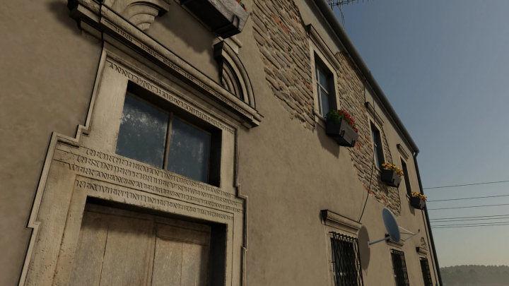 fs25-mods, Building from Farming Simulator 25 mods featuring stone and plaster facade with window flower boxes, in-game environment.
