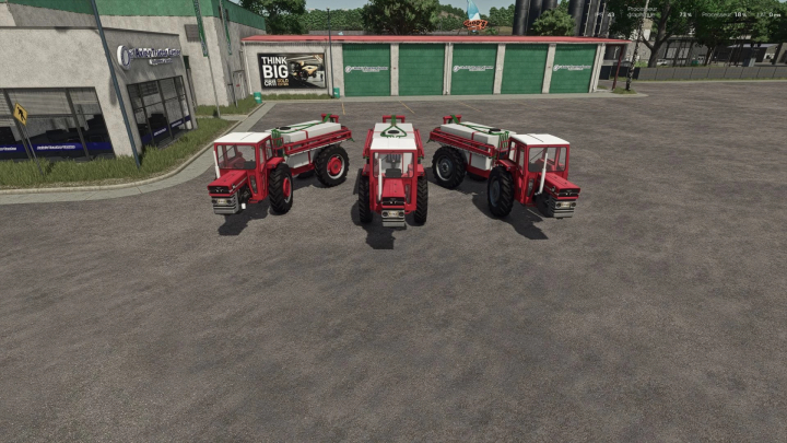 fs25-mods,  Three Massey Ferguson 185 tractors with water tanks in Farming Simulator 25, showcasing FS25 mods.