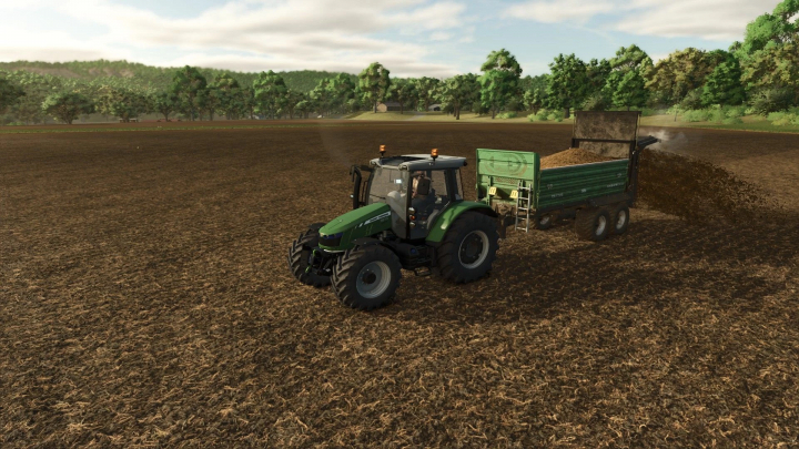 fs25-mods,  Farming Simulator 25 mod: Massey Ferguson 5600 tractor with a filled manure spreader on a farm field.