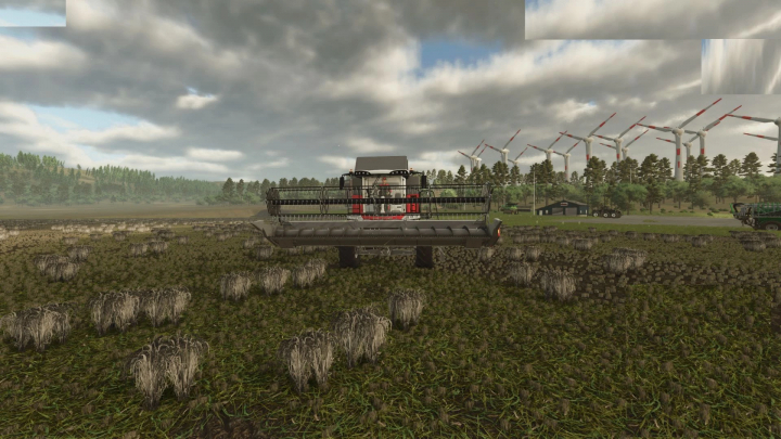 fs25-mods, Farming Simulator 25 mod featuring the Massey Ferguson 7360 rice harvester in a field with wind turbines in the background.