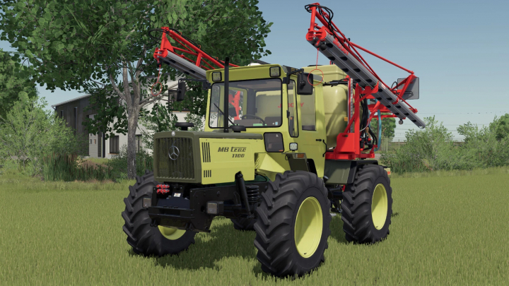 fs25-mods, Farming Simulator 25 mod: Mercedes-Benz MB-trac Series tractor with sprayer attachment on a grassy field.