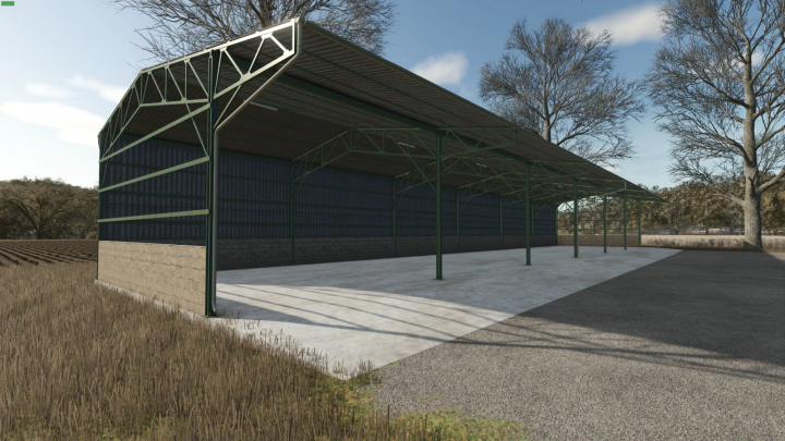 fs25-mods, Farming Simulator 25 mod: Metal Shed 45m v1.0.0.0, a large metal storage shed for farming equipment with a concrete floor.