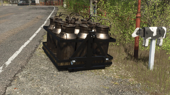 fs25-mods,  Farming Simulator 25 mod: Milk and water transport on a 3-point support platform with metal milk cans, placed beside a mailbox on a rural road.