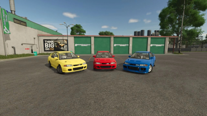 fs25-mods,  Three colorful cars from Farming Simulator 25 mods, including a yellow, red, and blue Mitsubishi Lancer 1995 in the game.