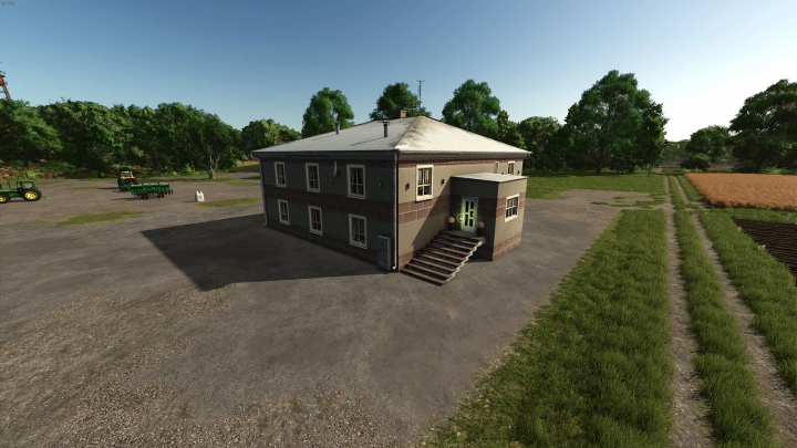 fs25-mods, Farming Simulator 25 mod showcasing a modern Polish house with steps and surrounding farm fields.
