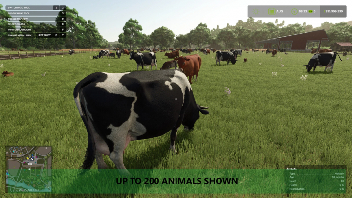 fs25-mods, Farming Simulator 25 mod screenshot showing a field with various cows, highlighting up to 200 animals with detailed stats, for More Visual Animals v1.0.0.0.
