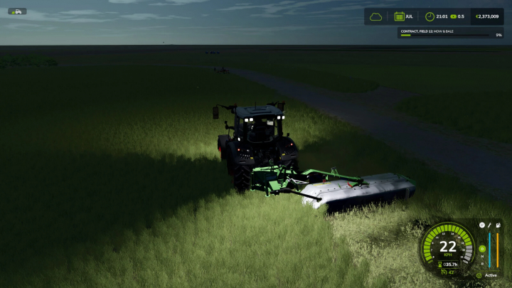 fs25-mods, Farming Simulator 25 mod screenshot showing a tractor mowing grass on field 12 with Mow Bale Contracts v1.0.0.3, nighttime, in-game HUD displayed.