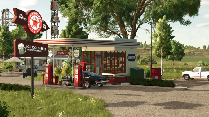 fs25-mods,  Farming Simulator 25 mod: Old Gas Station converted to enhance the game's roadside fuel station environment.