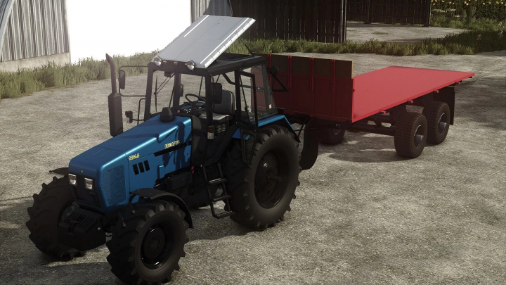 fs25-mods, Farming Simulator 25 mod: Blue Belarus tractor with a red flatbed trailer, part of FS25 mods for versatile farm transport.