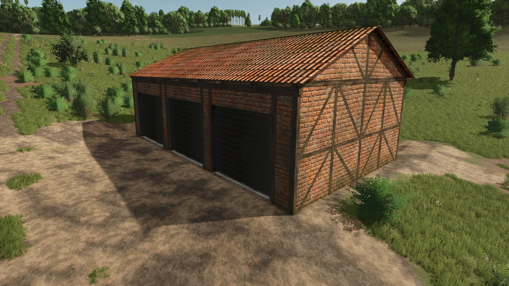 fs25-mods, Farming Simulator 25 mod: European warehouse building with brick walls and black roller doors, part of the Pack European Warehouse v1.0.0.0.