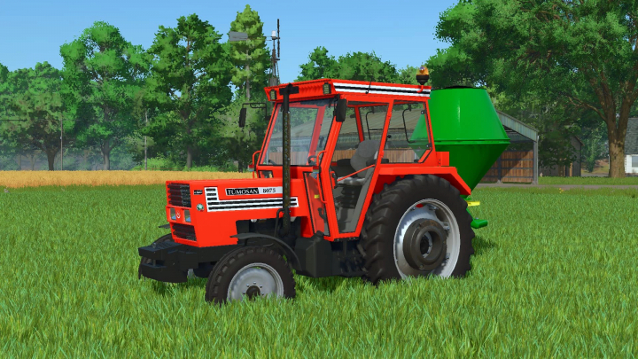 fs25-mods,  Farming Simulator 25 mod: Tümosan 8075 tractor with Pankobirlik fertilizer spreader attachment on a farm field.