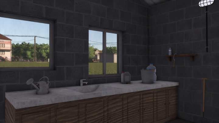 fs25-mods, Interior of a rustic kitchen in Farming Simulator 25 with a double sink, water bottles, and a wall shelf, part of the Polish Cowshed mod.