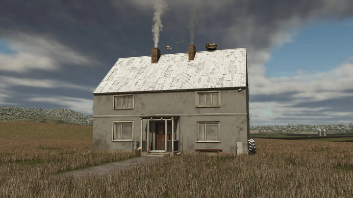 fs25-mods, Farming Simulator 25 mods: Small, weathered house mod from FS25 with smoke coming from chimneys, located in a field setting.