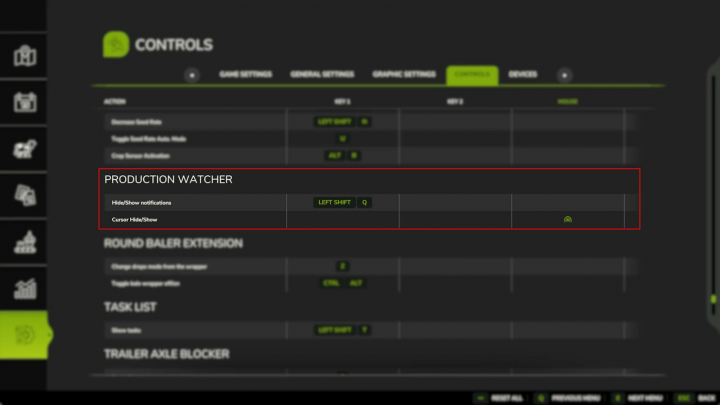 fs25-mods, Screenshot of Production Watcher mod in Farming Simulator 25, showing notification controls with left shift and Q keys.