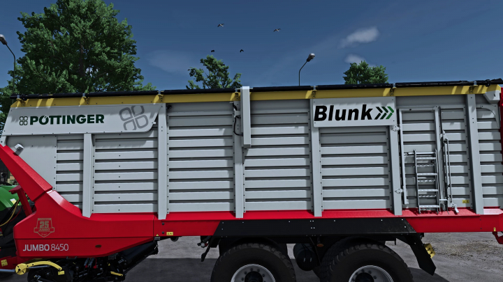 fs25-mods, Farming Simulator 25 mod: Pöttinger Jumbo 8450 DB+ in-game agricultural machinery with logos, detailed side view, and ladder.