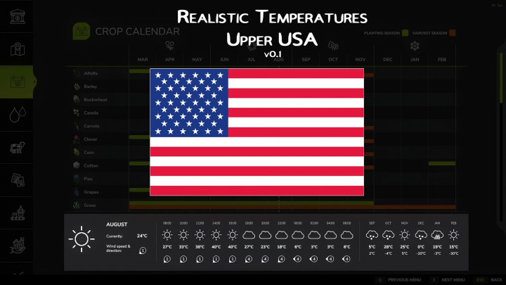 fs25-mods,  Screenshot of the Farming Simulator 25 mod 'Realistic Temperatures - Upper USA v1.0.0.0' showing a weather map with an American flag overlay and temperature details.