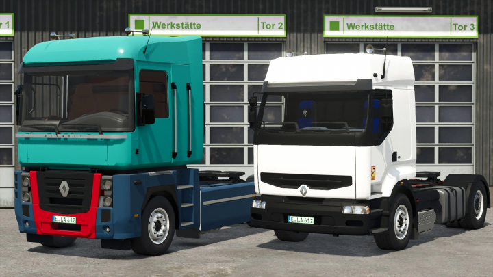 fs25-mods, Farming Simulator 25 mods: Renault Premium & Magnum trucks with detailed cab designs, parked in front of a workshop.