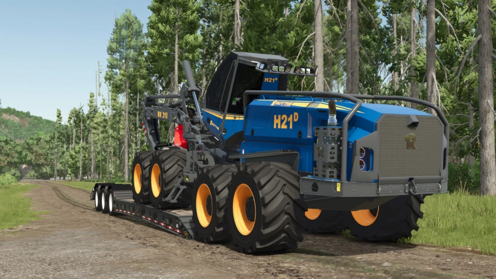 fs25-mods,  Logging harvester mod from Farming Simulator 25, mounted on a heavy-duty trailer, on a forest trail.