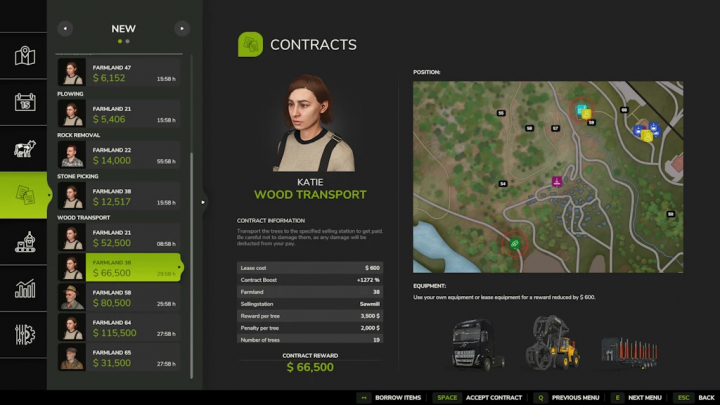 fs25-mods, Screenshot from Farming Simulator 25 showcasing a wood transport contract, player details, and in-game map with equipment icons.