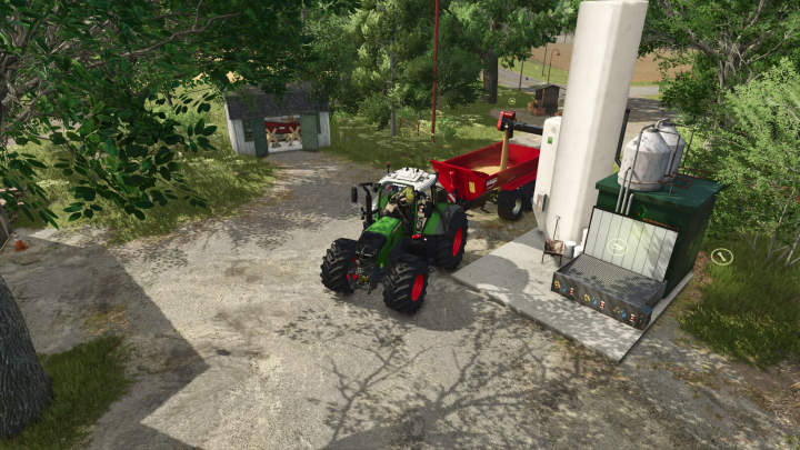 fs25-mods, Farming Simulator 25 mod showing a tractor with a red seed production trailer near a seed processing facility.