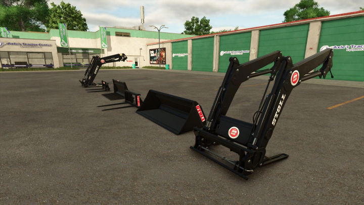 fs25-mods, Three Stoll front loader tools including a pallet fork, a bucket, and a root grapple in a parking lot, for Farming Simulator 25 mods.