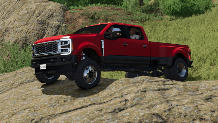 fs25-mods, Red Ford Superduty Pickup v1.2.0.0 from Farming Simulator 25 mods driving on rocky terrain.