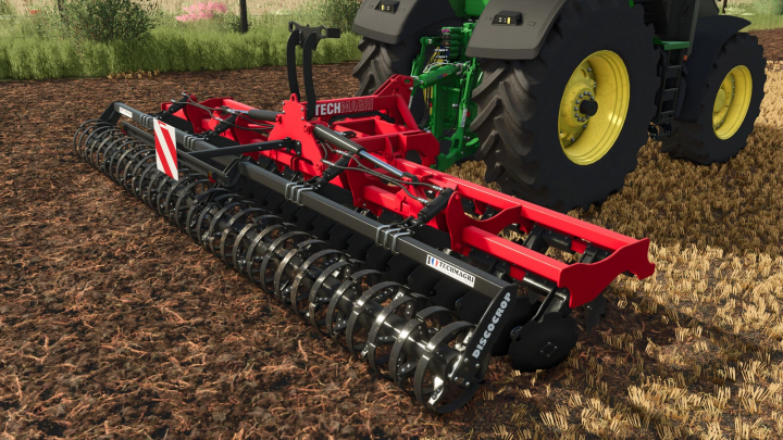 fs25-mods, Farming Simulator 25 mod: Techmagri Discocrop 2000 cultivator attached to a tractor, working on freshly tilled soil.