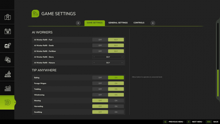 fs25-mods,  Farming Simulator 25 game settings menu with Tip Anywhere feature enabled for various farming activities.