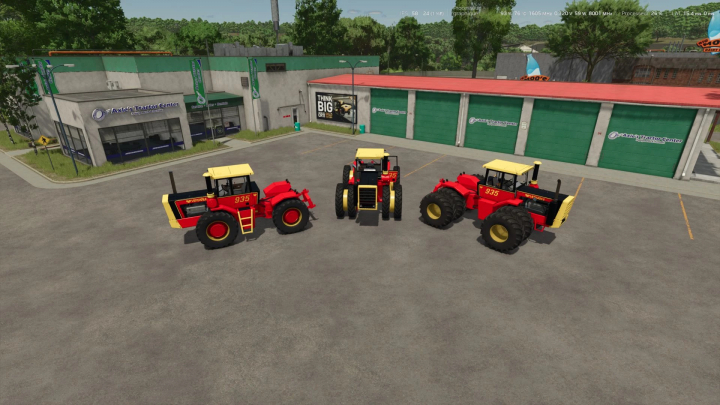 fs25-mods,  Three Versatile 935 tractors from FS25 mods displayed in front of Axle's Tractor Center in Farming Simulator 25.