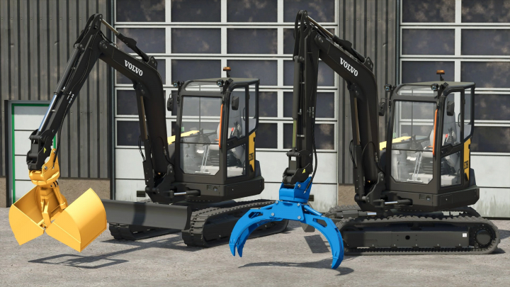 fs25-mods, Two Volvo mini excavators with blue and yellow attachments from FS25 mods, Farming Simulator 25 mods, parked in front of a building.