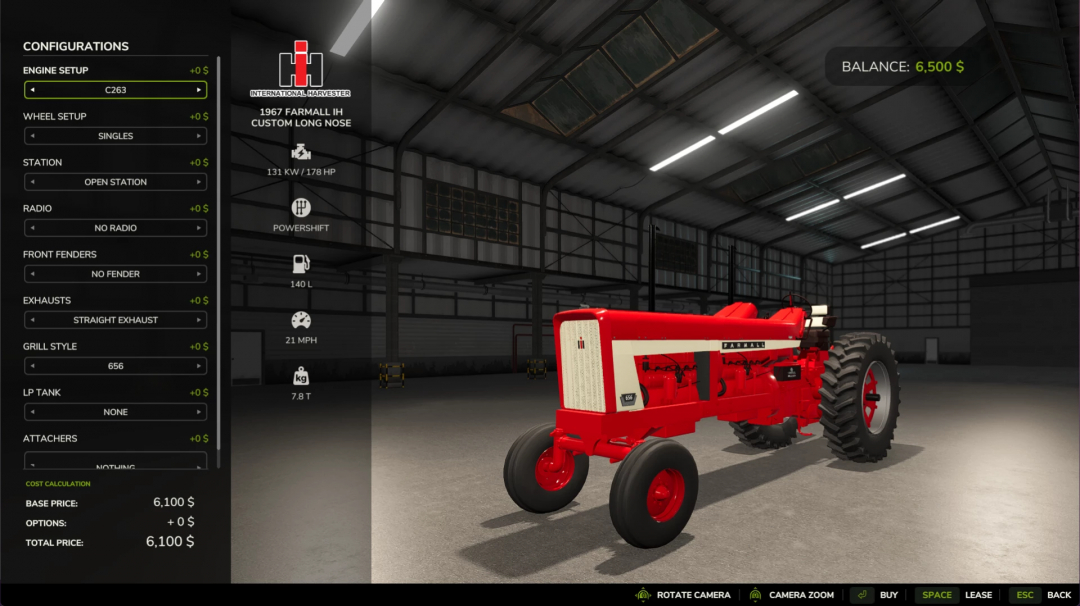 Farming Simulator 25 mod image of a 1967 Farmall IH Custom Long Nose tractor in a warehouse setting.