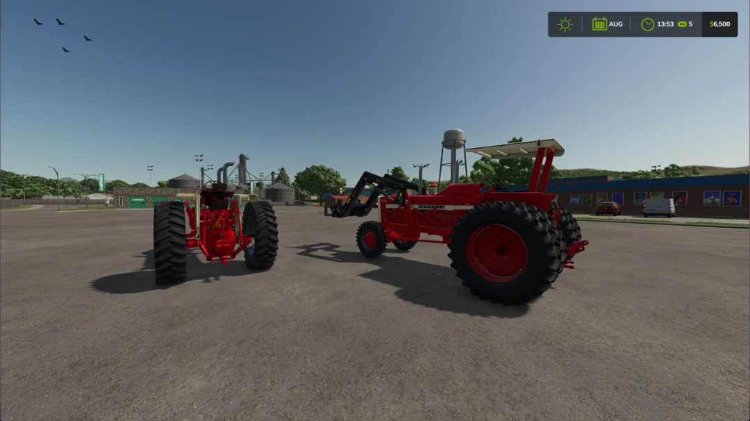 Farming Simulator 25 mod featuring a red 1967 Farmall IH with custom dual power, parked on a concrete lot under a clear blue sky.