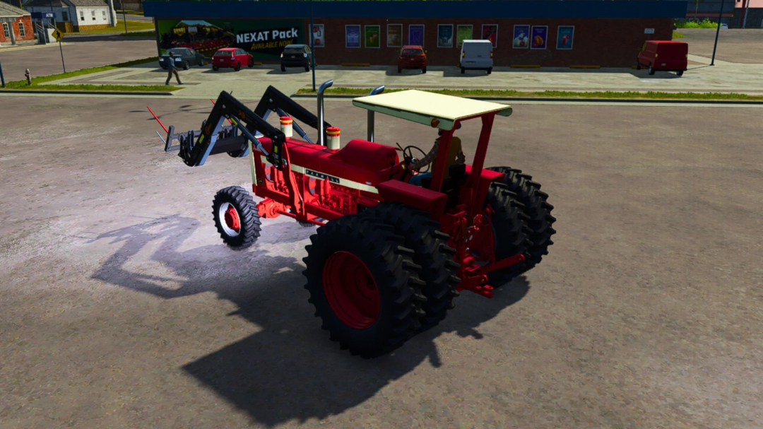 Farming Simulator 25 mod showcasing the 1967 Farmall IH Custom Dual Power tractor in a parking lot with vehicles and a store in the background.