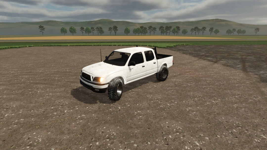 FS25 mod: White 2002 Tacoma pickup truck in Farming Simulator 25 game on dirt field.