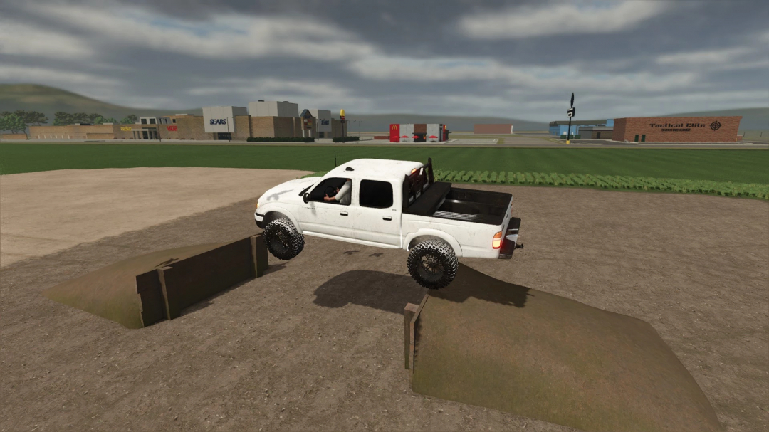 FS25 mod: White pickup truck jumping over dirt ramps in Farming Simulator 25. Custom vehicle mod screenshot.