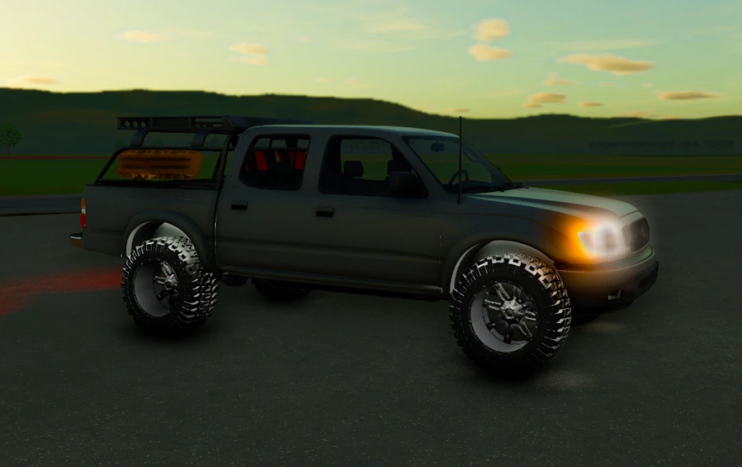 Farming Simulator 25 mod: 2002 Tacoma Converted v1.0.0.0, a modified pickup truck with off-road tires and equipment, on a rural road.