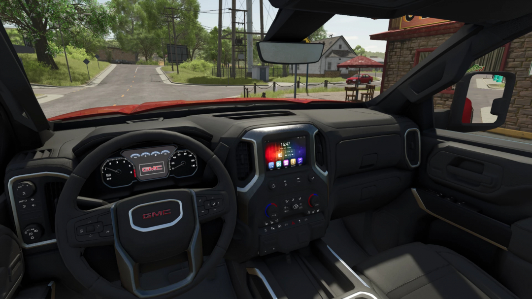 Inside view of a GMC truck in Farming Simulator 25 showing dashboard and steering wheel, part of a FS25 mod, 2020 GMC Sierra 3500HD v1.0.0.0.