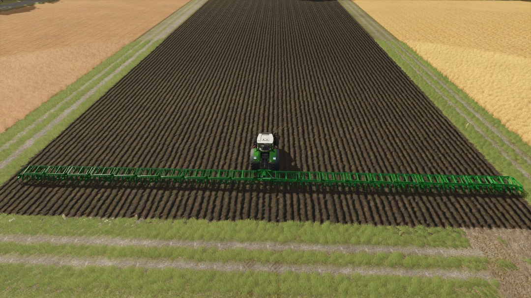 Farming Simulator 25 mod: Crop spraying with Agromet SCHA-33 50m, shown in a large cultivated field.