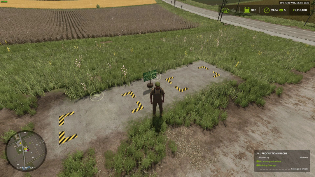Farming Simulator 25 mod 'All Productions in One v1.0.0.0' showing a player standing near building storage with parking guides, in a farm environment.