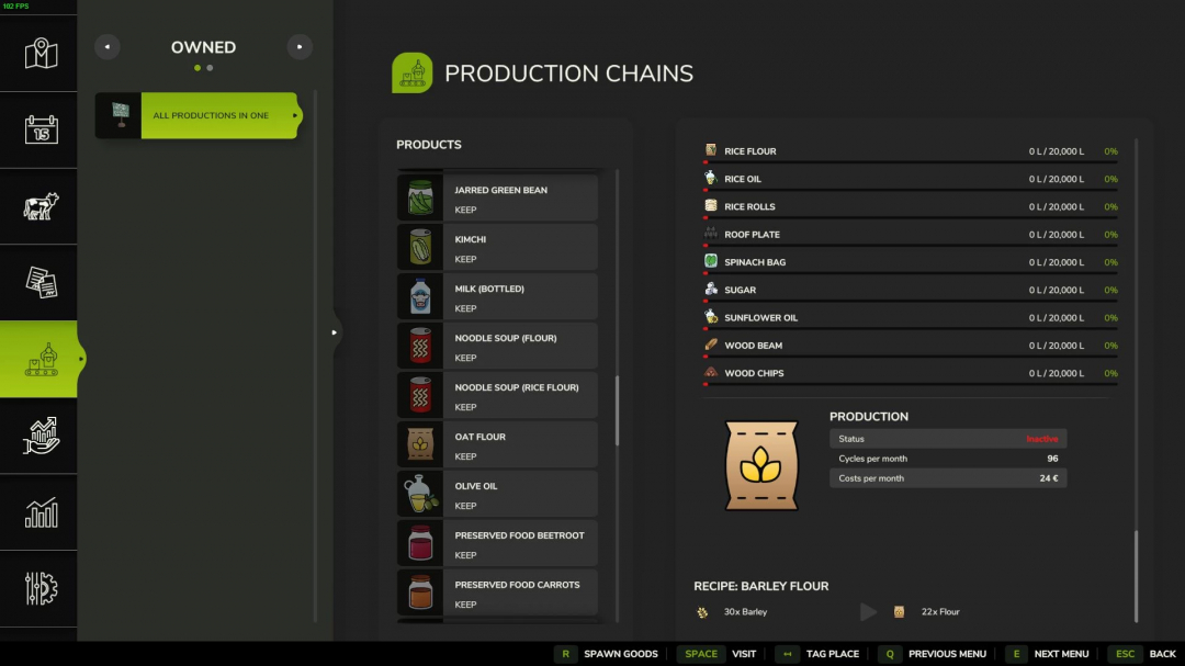 Screenshot from Farming Simulator 25 showing the All Productions in One mod, with production chains and various farm products.